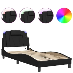 Bedframe met LED-verlichting kunstleer zwart 90×190 cm Bedframe met LED-verlichting kunstleer zwart 90×190 cm