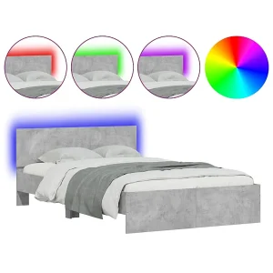 Bedframe met hoofdeinde en LED betongrijs 135×190 cm