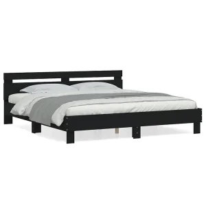 Bedframe met hoofdbord bewerkt hout zwart 160×200 cm Bedframe met hoofdbord bewerkt hout zwart 160×200 cm
