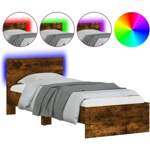 Bedframe met hoofdbord en LED gerookt eikenkleurig 90×190 cm