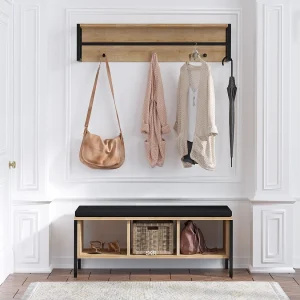 "Shana" Houten Entreebank met 3 Compartimenten en Kapstokken – Beige, 100 x 35 x 43 cm "Shana" Houten Entreebank met 3 Compartimenten en Kapstokken – Beige, 100 x 35 x 43 cm