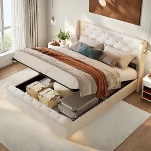 Beige Velvet Gestoffeerd Bed met Opbergruimte 140×190 cm met LED-verlichting – Scandinavische Stijl Beige Velvet Gestoffeerd Bed met Opbergruimte 140×190 cm met LED-verlichting – Scandinavische Stijl