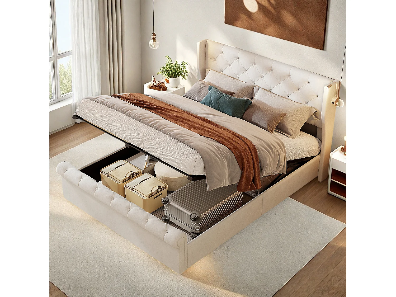 Beige Velvet Gestoffeerd Bed met Opbergruimte 140x190 cm met LED-verlichting - Scandinavische Stijl