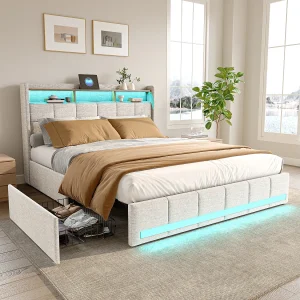Beige Lin Gestoffeerd Opbergbed – Tweepersoonsbedframe met USB-oplaadpoort en Decoratieve LED-strip – 140×200 Beige Lin Gestoffeerd Opbergbed – Tweepersoonsbedframe met USB-oplaadpoort en Decoratieve LED-strip – 140×200
