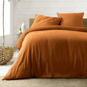 Beddengoedset 260×240 cm van bruine katoenen dubbele gaze Oeko-Tex, hoes met drukknopen, 2 kussenslopen 63×63 cm
