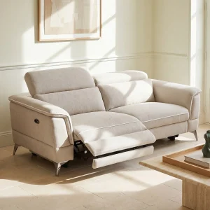 Elektrische relax-zitbank met 3 plaatsen in beige stof MACARI Elektrische relax-zitbank met 3 plaatsen in beige stof MACARI