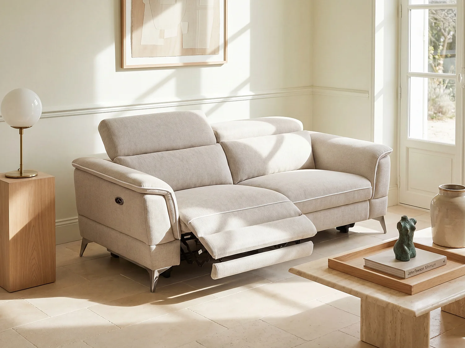 Elektrische relax-zitbank met 3 plaatsen in beige stof MACARI