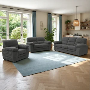 Bankstel Set 3-Zits + 2-Zits + Fauteuil Ribfluweel Donkergrijs