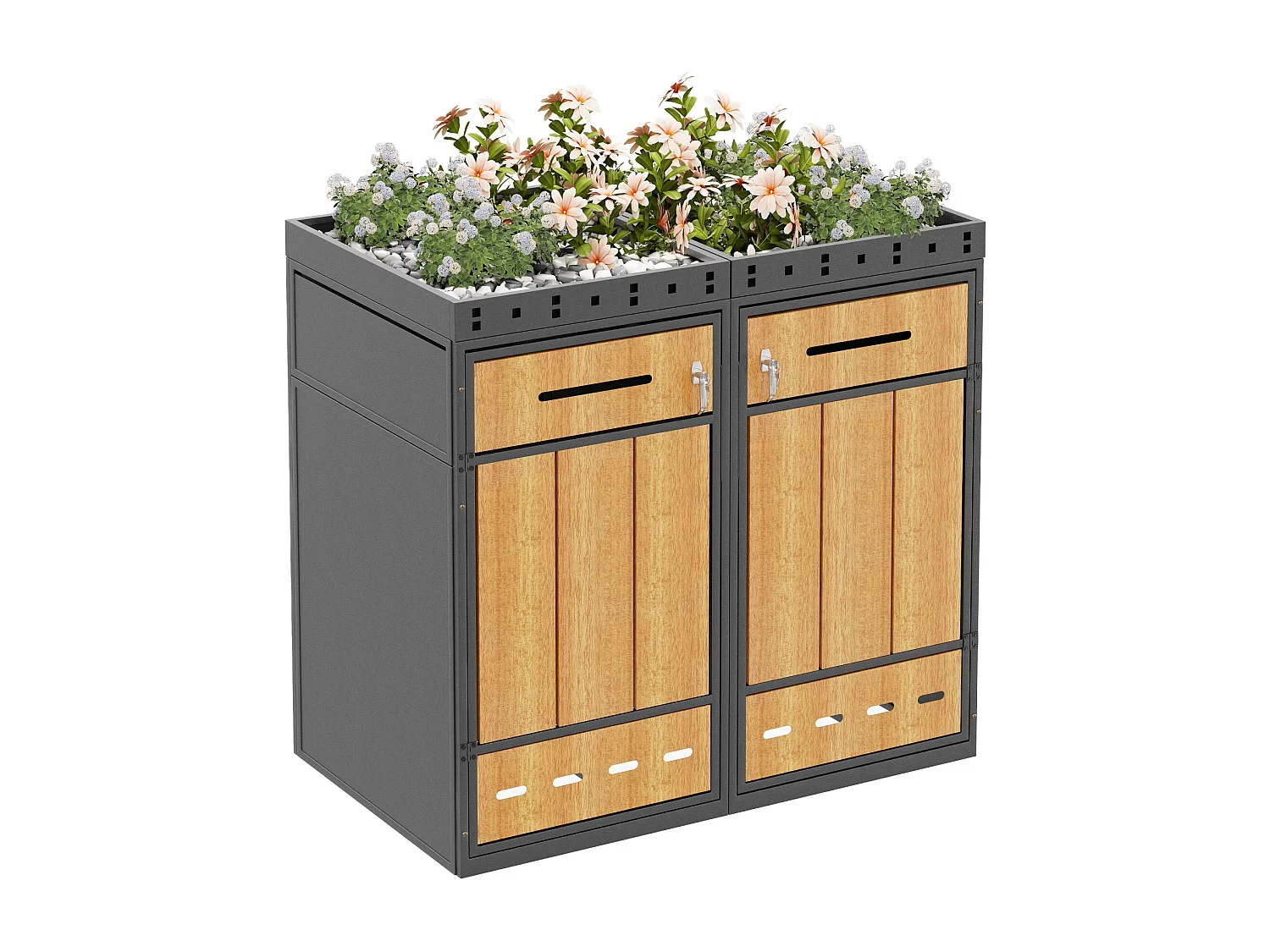 Berging voor 2 afvalcontainers 132x80x124 cm - met geïntegreerde plantenbak - met ventilatieopeningen en slot - grijs