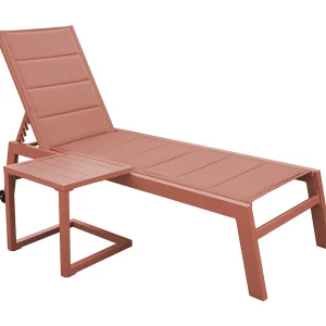 BARBADOS ligstoel en bijzettafel in terracotta textilene – terracotta aluminium BARBADOS ligstoel en bijzettafel in terracotta textilene – terracotta aluminium