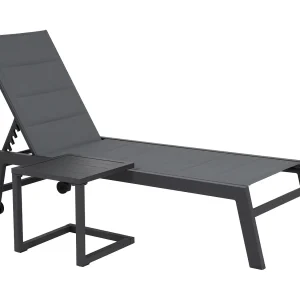 BARBADOS ligstoel en bijzettafelSet in grijs textilene – antraciet grijs aluminium BARBADOS ligstoel en bijzettafelSet in grijs textilene – antraciet grijs aluminium