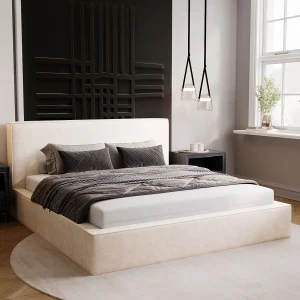 BESILIO Bed 200×200 Gloria met opbergruimte – inclusief lattenbodem, zachte stof – Crème