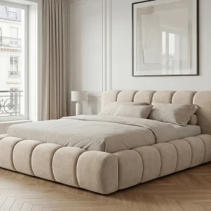 BESILIO Bed met opbergruimte 120×200 gestoffeerd Mellio – lattenbodem inbegrepen, dik schuim – Beige