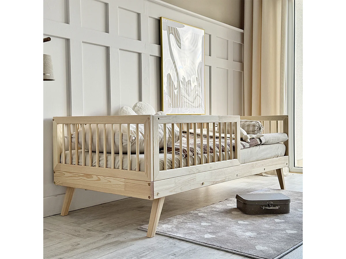Bed 90x200 met hoog bedhek en lattenbodem inclusief poten 20 cm Maylis Bois