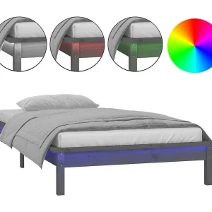 Bedframe LED massief hout grijs 90×190 cm Bedframe LED massief hout grijs 90×190 cm