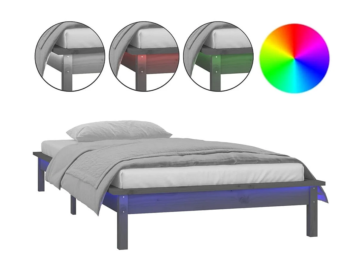 Bedframe LED massief hout grijs 90x190 cm