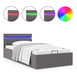 Bedframe met opslag hydraulisch LED kunstleer grijs 90×200 cm Bedframe met opslag hydraulisch LED kunstleer grijs 90×200 cm