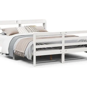 Bedframe met hoofdbord massief grenenhout wit 135×190 cm