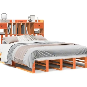 Bed met boekenkast zonder matras grenenhout wasbruin 150×200 cm