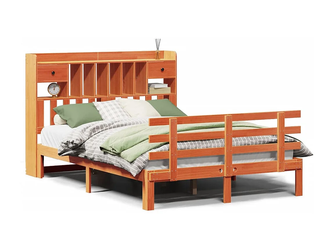 Bed met boekenkast zonder matras grenenhout wasbruin 140x190 cm