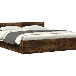 Bedframe met hoofdeinde bewerkt hout gerookt eiken 180×200 cm Bedframe met hoofdeinde bewerkt hout gerookt eiken 180×200 cm