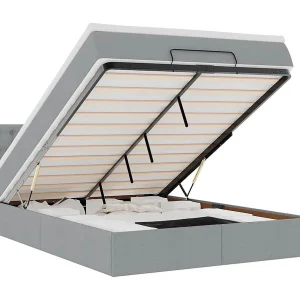 Bed poef met matras en LED's stof 140×190 cm lichtgrijs Bed poef met matras en LED's stof 140×190 cm lichtgrijs