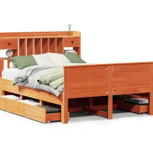 Bed met boekenkast zonder matras grenenhout wasbruin 150×200 cm