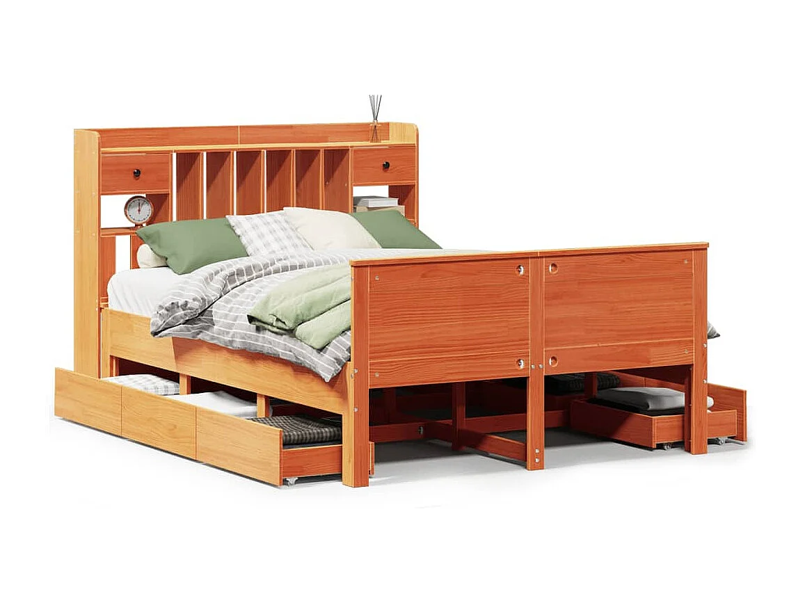 Bed met boekenkast zonder matras grenenhout wasbruin 150x200 cm