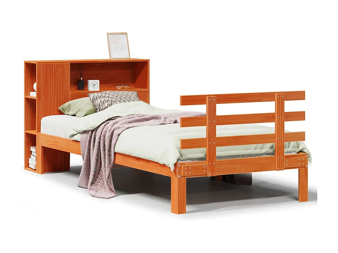 Bed met boekenkast zonder matras grenenhout wasbruin 100x200 cm