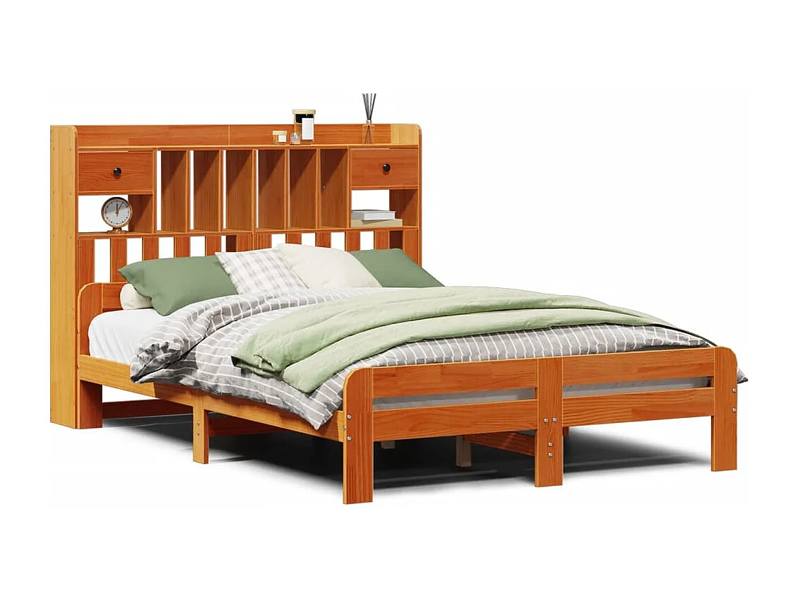 Bed met boekenkast zonder matras grenenhout wasbruin 160x200 cm