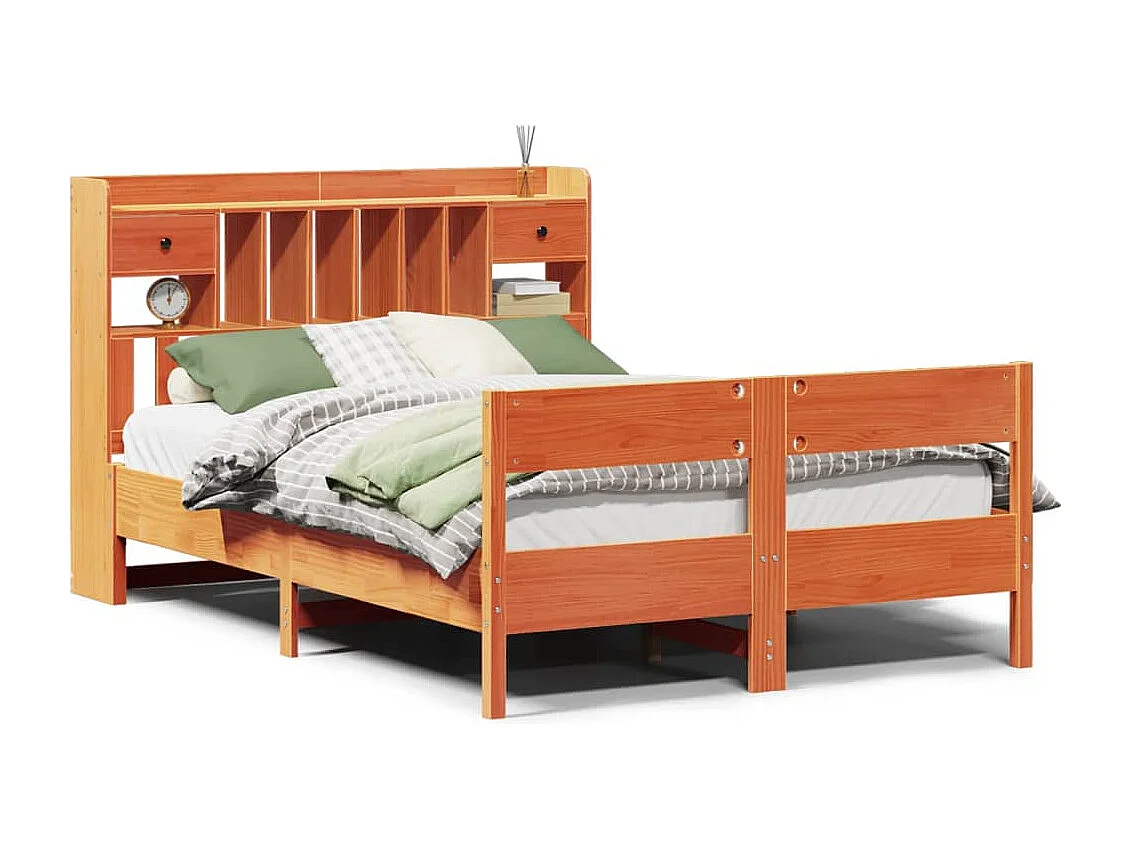 Bed met boekenkast zonder matras grenenhout wasbruin 140x200 cm