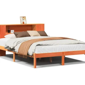 Bed met boekenkast zonder matras grenenhout wasbruin 140×200 cm