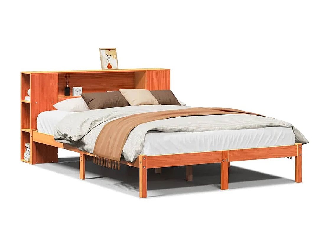 Bed met boekenkast zonder matras grenenhout wasbruin 140x200 cm
