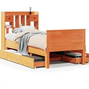 Bed met boekenkast zonder matras grenenhout wasbruin 100×200 cm