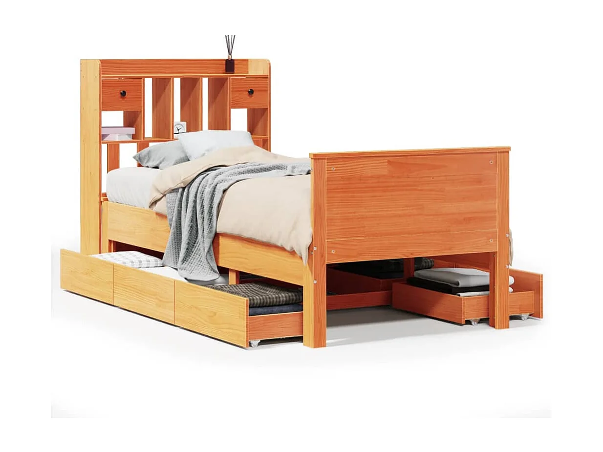 Bed met boekenkast zonder matras grenenhout wasbruin 100x200 cm