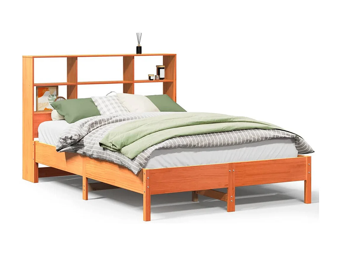 Bed met boekenkast zonder matras grenenhout wasbruin 140x190 cm