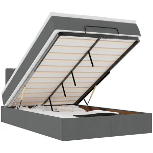 Bed poef met matras en LED's 120×190 cm stof donkergrijs Bed poef met matras en LED's 120×190 cm stof donkergrijs