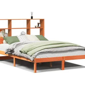 Bed met boekenkast zonder matras grenenhout wasbruin 150×200 cm