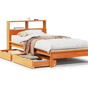 Bed met boekenkast zonder matras grenenhout wasbruin 75×190 cm