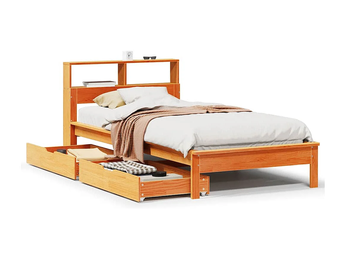 Bed met boekenkast zonder matras grenenhout wasbruin 75x190 cm