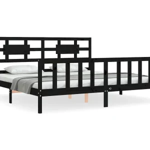 Bedframe met hoofdbord massief hout zwart 200×200 cm Bedframe met hoofdbord massief hout zwart 200×200 cm