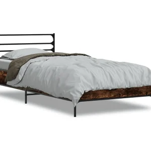 Bedframe bewerkt hout en metaal gerookt eikenkleurig 75×190 cm Bedframe bewerkt hout en metaal gerookt eikenkleurig 75×190 cm