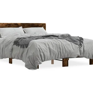 Bedframe bewerkt hout metaal gerookt eikenkleurig 140×190 cm Bedframe bewerkt hout metaal gerookt eikenkleurig 140×190 cm