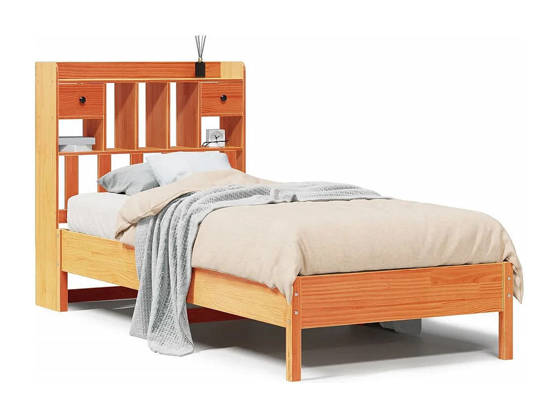 Bed met boekenkast zonder matras grenenhout wasbruin 100x200 cm