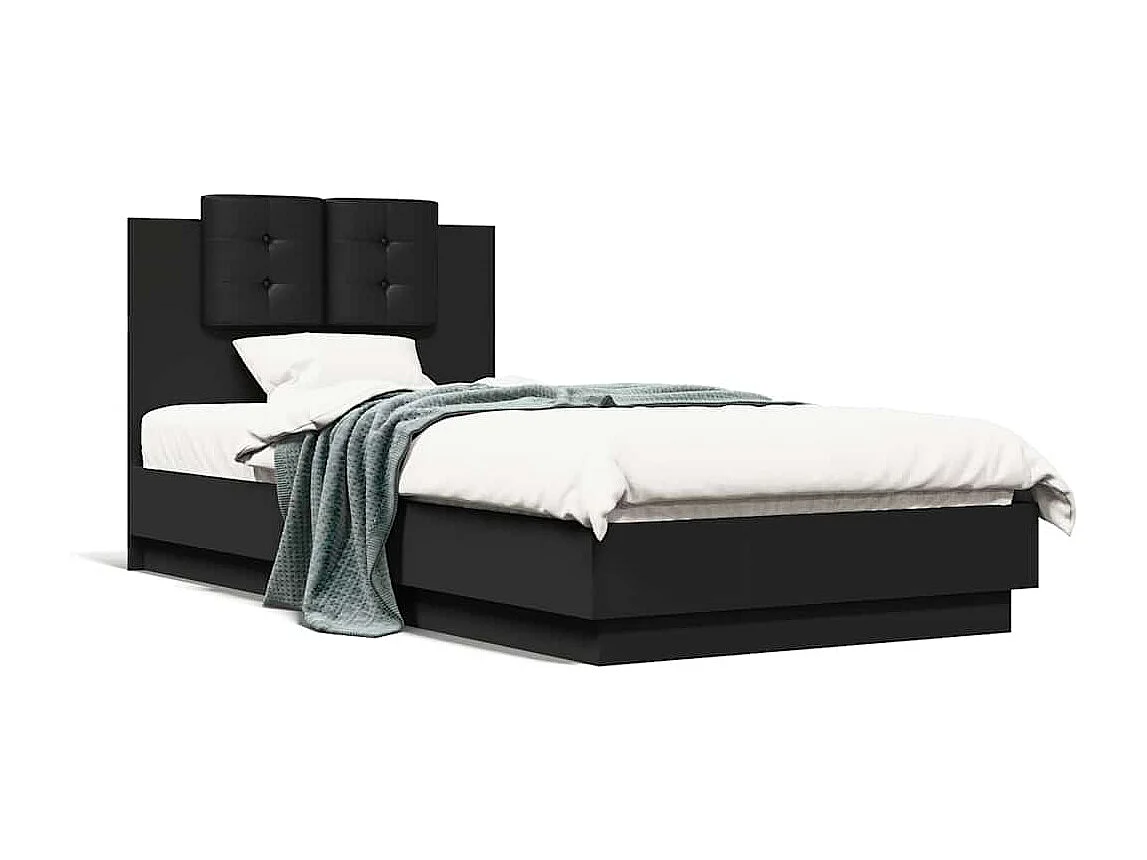 Bedframe met hoofdbord bewerkt hout zwart 75x190 cm