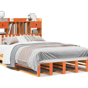 Bed met boekenkast zonder matras grenenhout wasbruin 135×190 cm