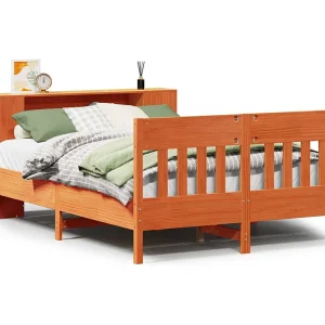Bed met boekenkast zonder matras grenenhout wasbruin 135×190 cm