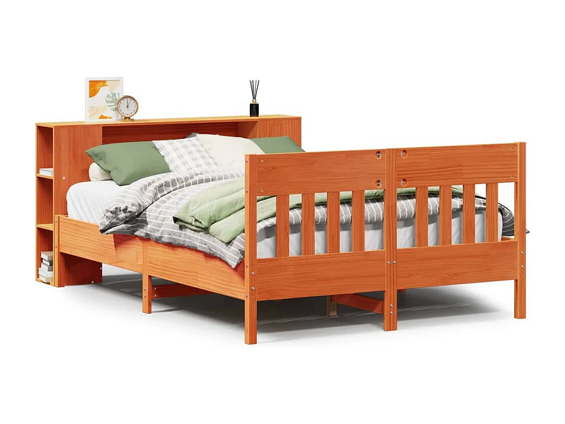 Bed met boekenkast zonder matras grenenhout wasbruin 135x190 cm