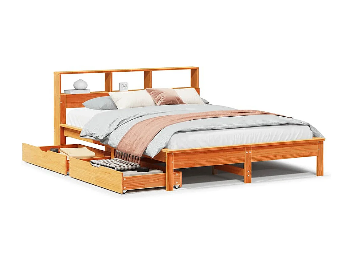 Bed met boekenkast zonder matras grenenhout wasbruin 140x190 cm
