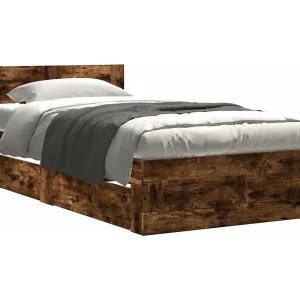 Bedframe met hoofdbord bewerkt hout gerookt eiken 75×190 cm